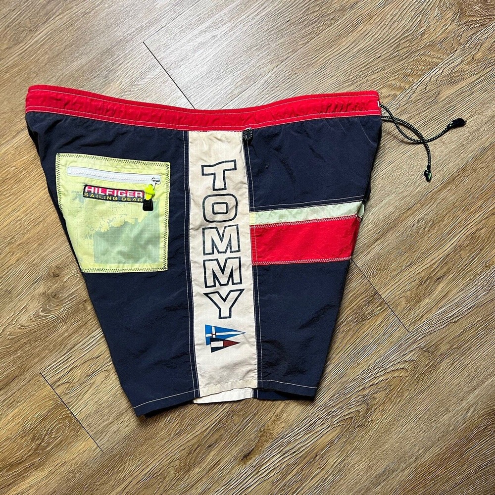 Vtg Tommy Hilfiger Swim Trunks Nylon Sailing Gear Shorts Flag Size Large FLAWED